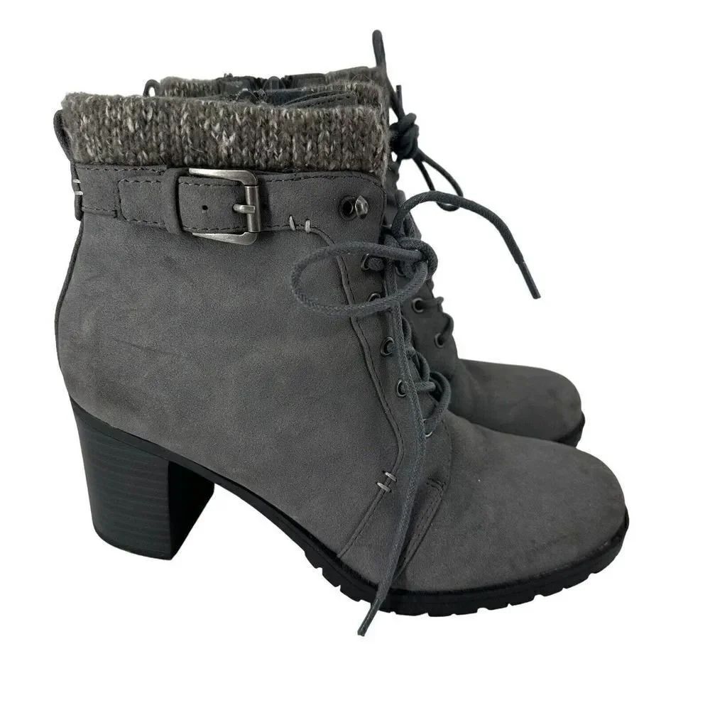 Kim Rogers Tori Boots Gray Fleece Lined Size 7.5 Lugged Sole Cuffed Block Heel